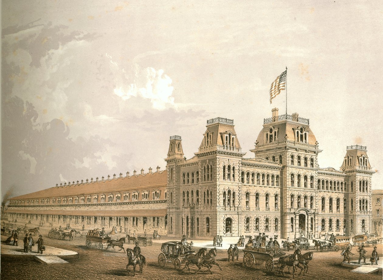Railroad Depot, Chicago Illustrated, James W. Sheahanin kirjalliset kuvaukset, julkaisija Jevne & Almini, Chicago, 1866-67 tekijältä American School