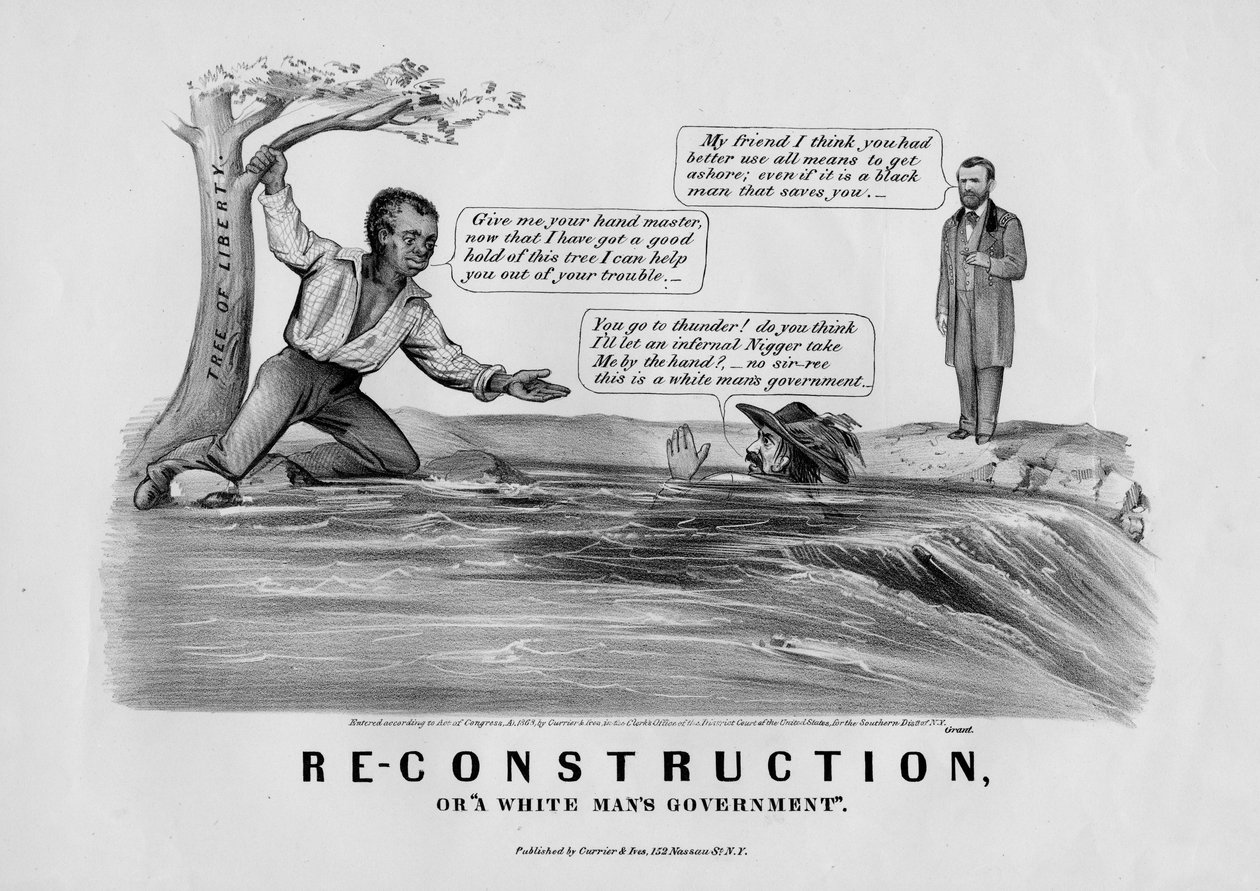 Re-construction, eli Valkoisen miehen hallitus, julkaisija Currier & Ives, New York, 1868 tekijältä American School
