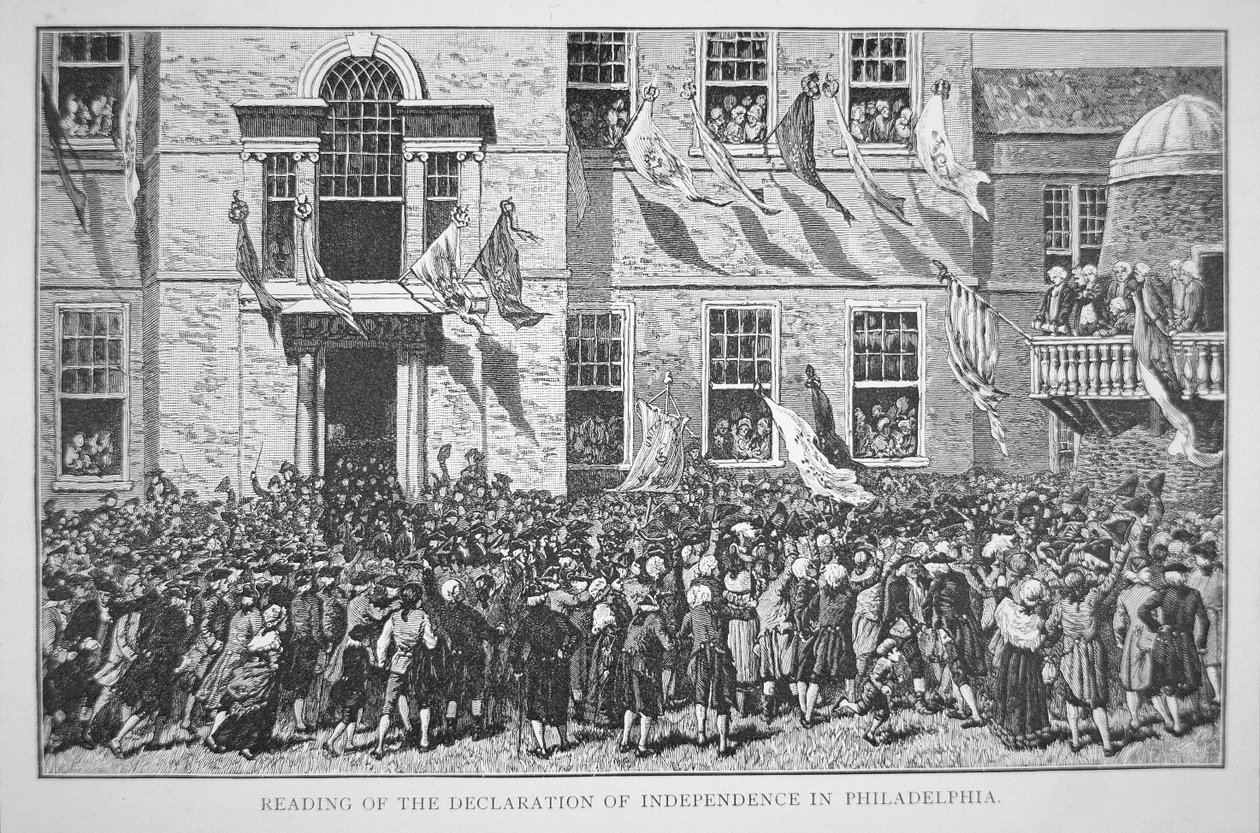 Itsenäisyysjulistuksen lukeminen Philadelphian kansalaisille, 8. heinäkuuta 1776 (litho) tekijältä American School