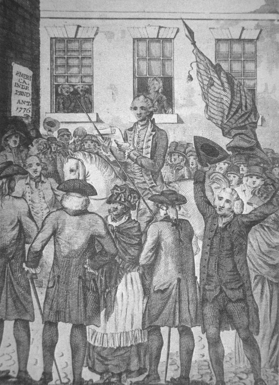 Itsenäisyysjulistuksen lukeminen yleisölle vuonna 1776 (litho) tekijältä American School