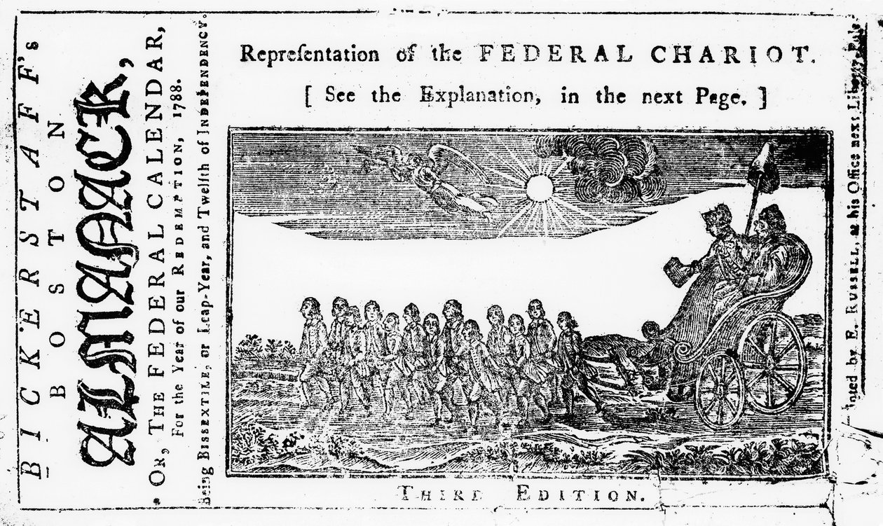 Federal Chariotin esitys, kansikuva Bickerstaffs Boston Almanackista, julkaistu 1788 tekijältä American School