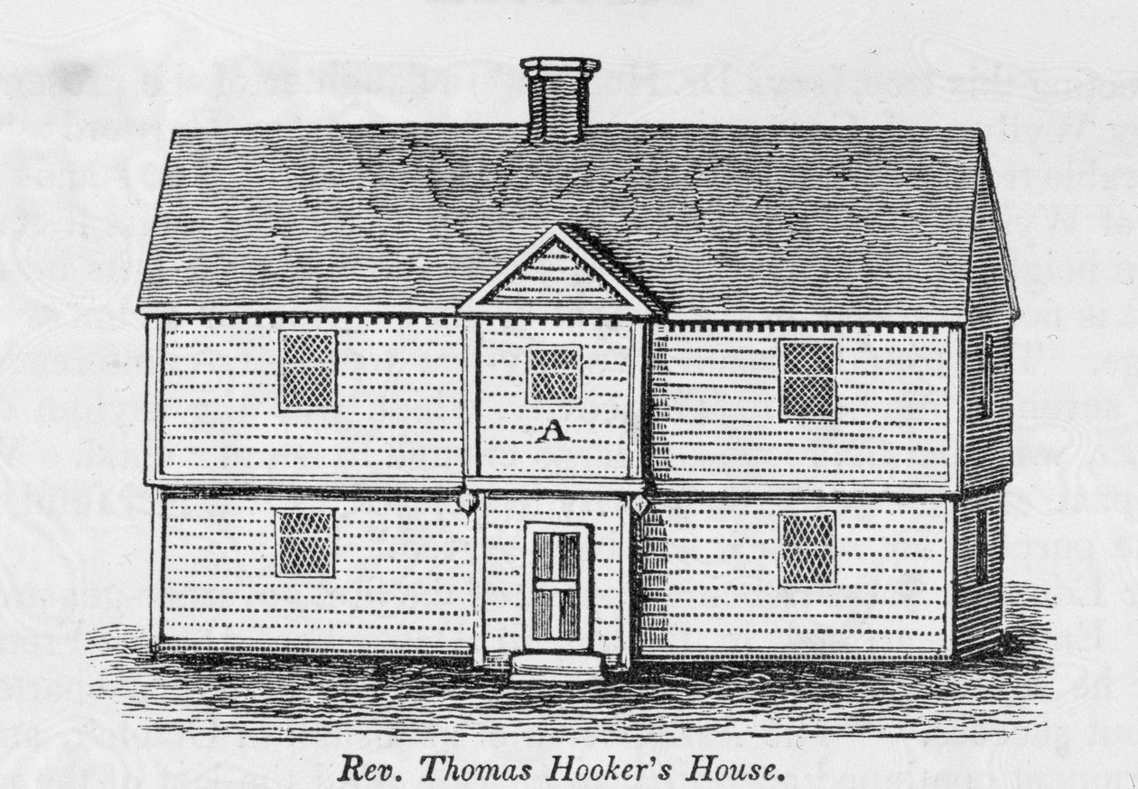Pastori Thomas Hookerin talo, "Connecticut Historical Collections" -kokoelmasta, John Warner Barber, 1856 tekijältä American School