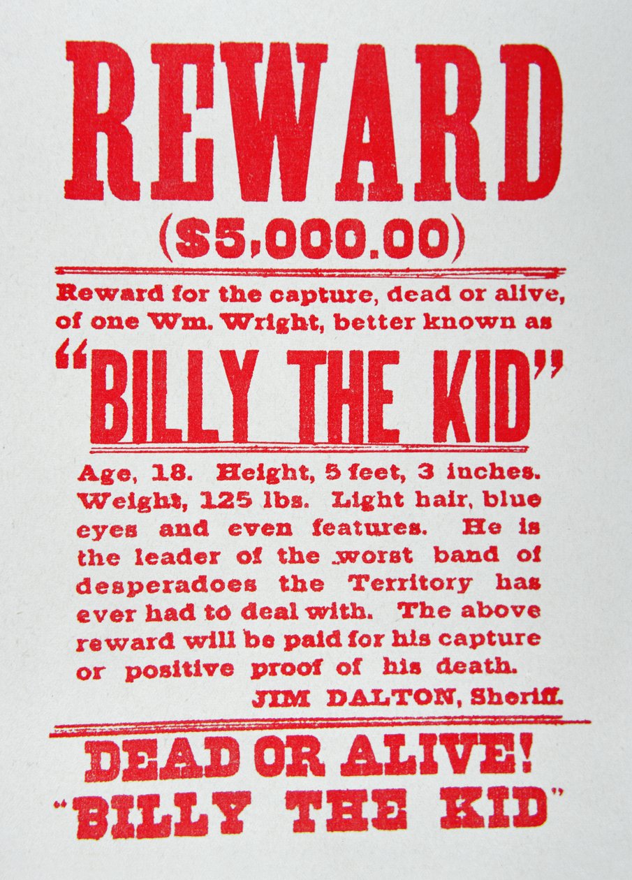 Palkintojuliste Billy the Kidille (1859-81) (litho) tekijältä American School