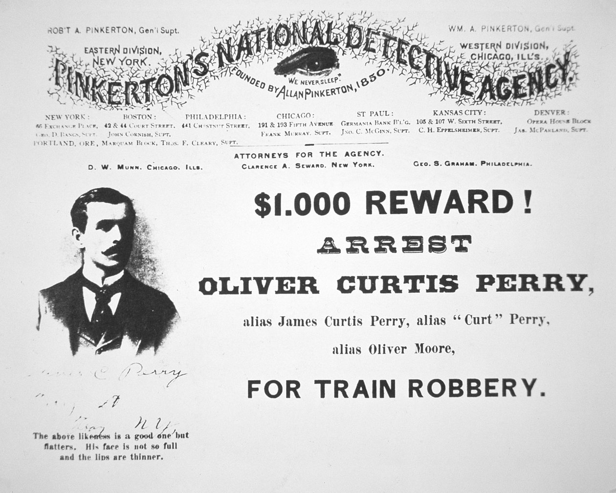 Pinkertonin National Detective Agencyn julkaisema palkintojuliste Oliver Perryn pidätyksestä tekijältä American School