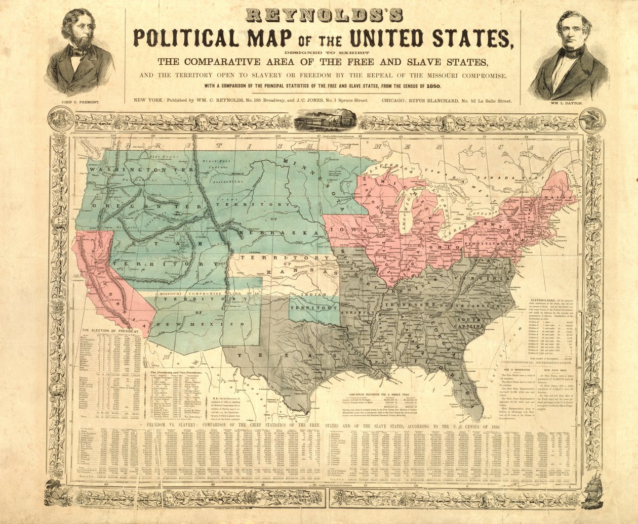 Reynoldssin poliittinen kartta Yhdysvalloissa, n. 1850 tekijältä American School