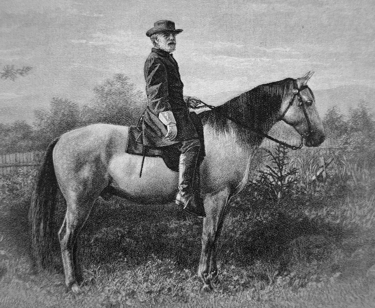 Robert E. Lee (1807-70) sotahevosellaan "Traveller" (kaiverrus) tekijältä American School