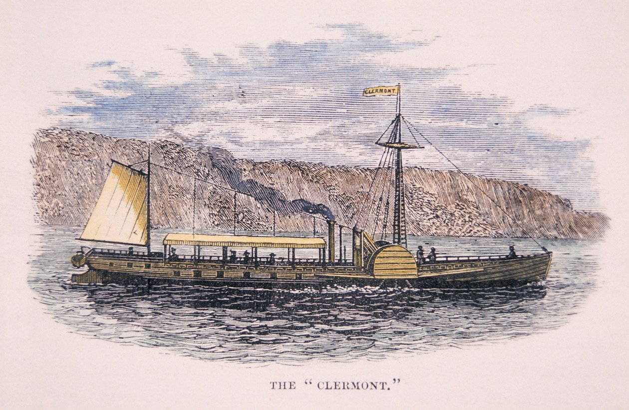 Robert Fultonin (1765-1815) Clermont-höyrylaiva Hudson-joella, New Yorkissa tekijältä American School