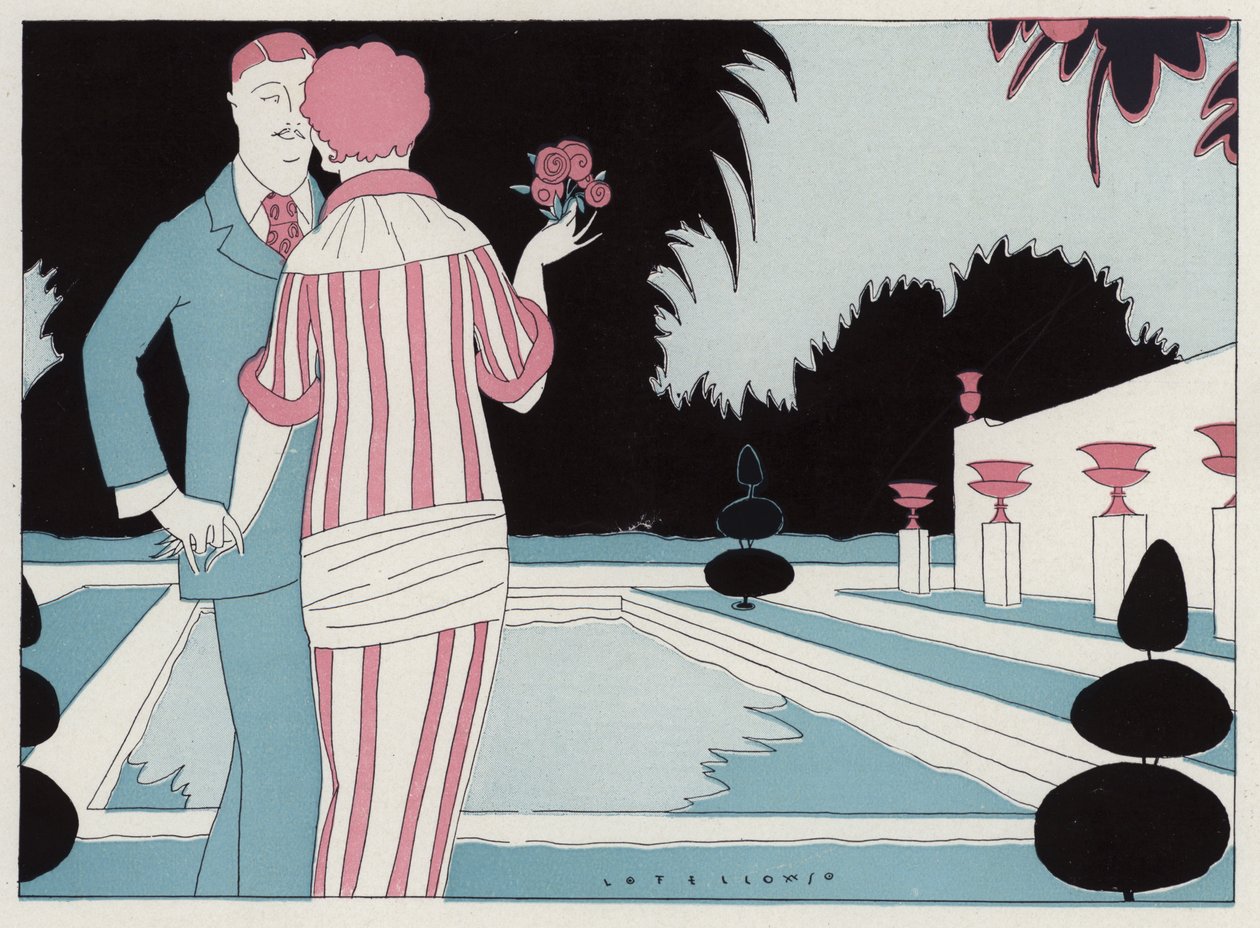 Romanttinen pariskunta kädestä pitäen uima-altaalla, kohtaus J. A. Waldronin novellista Prospective Honeymooners (värilitografia). tekijältä American School