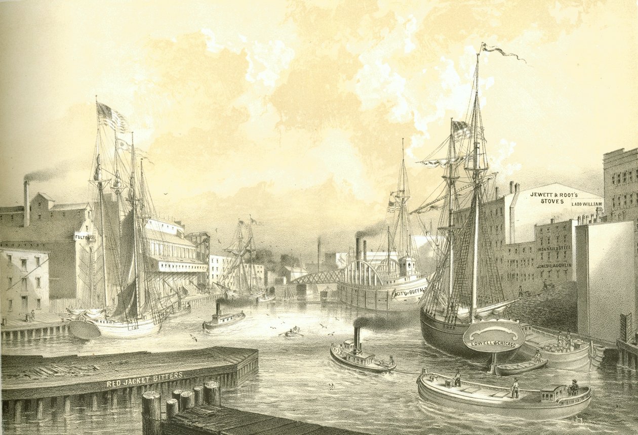 Rush Street Bridge, Näkymä State Streetiltä, Chicago Illustrated, James W. Sheahanin kirjalliset kuvaukset, julkaisija Jevne & Almini, Chicago, 1866-67 tekijältä American School
