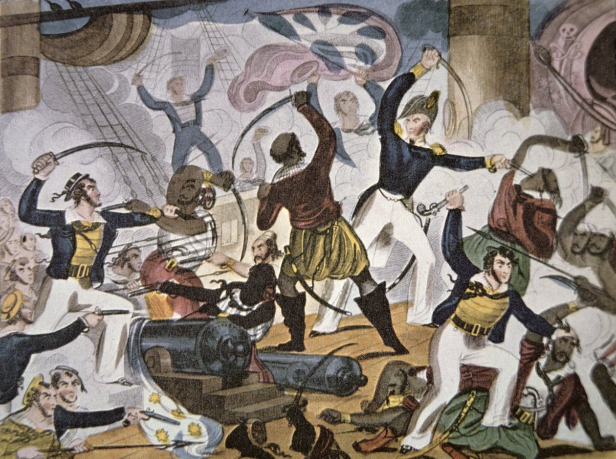 Kuninkaallisen laivaston merimiehet nousevat Algerinan merirosvolaivaan, n. 1820 (väri litho) tekijältä American School
