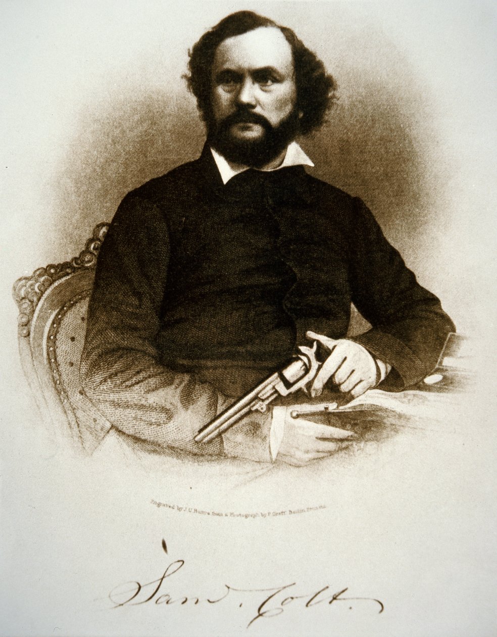Samuel Colt pitelee yhtä lyömäsoittimien revolvereistaan (kaiverrus) tekijältä American School