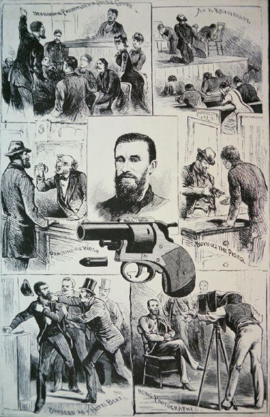 Kohtauksia salamurhaajan Charles Jules Guiteaun (1841-82) elämästä ja aseesta, jolla hän tappoi presidentti James A. Garfieldin (1831-81) 1881 (litho) tekijältä American School