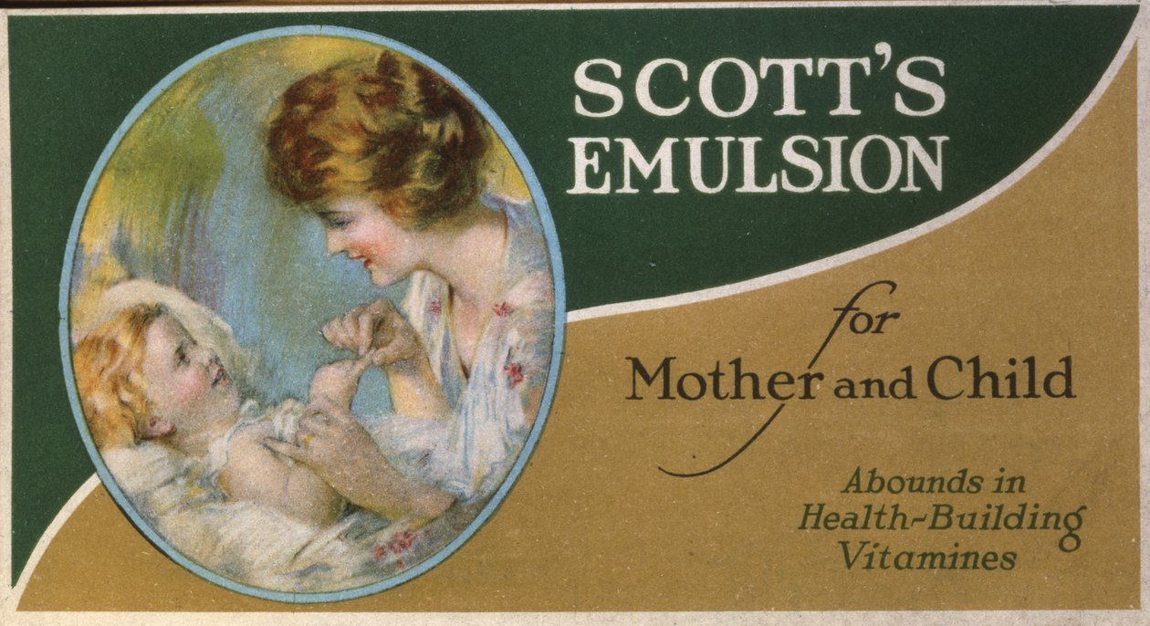 Scotts emulsio äidille ja lapselle, runsaasti terveyttä rakentavia vitamiineja (litografia [kauppakortti]) tekijältä American School