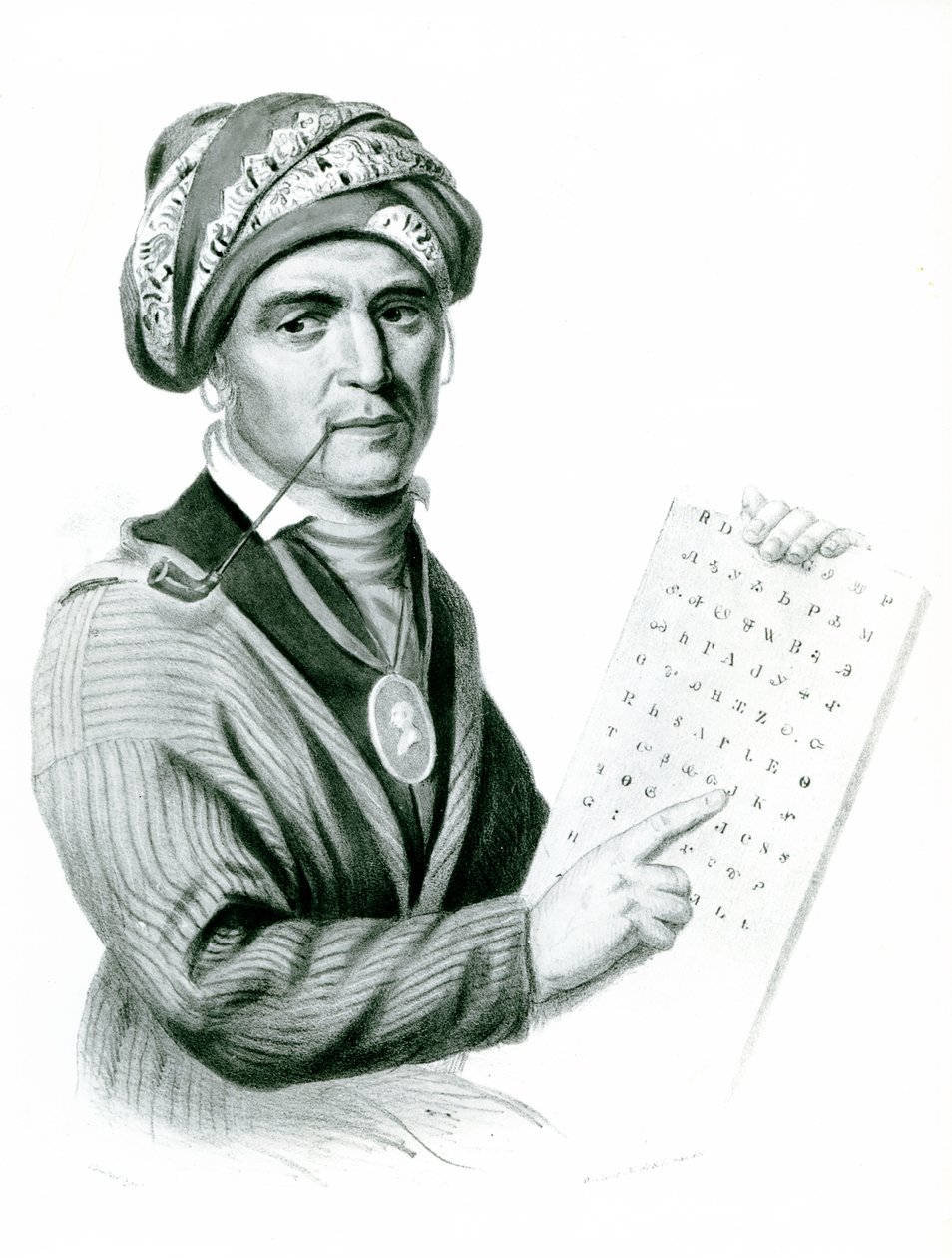 Se Quo Yah (Sequoyah), intialaisten aakkosten keksijä, 1836 (b:w kuva) tekijältä American School