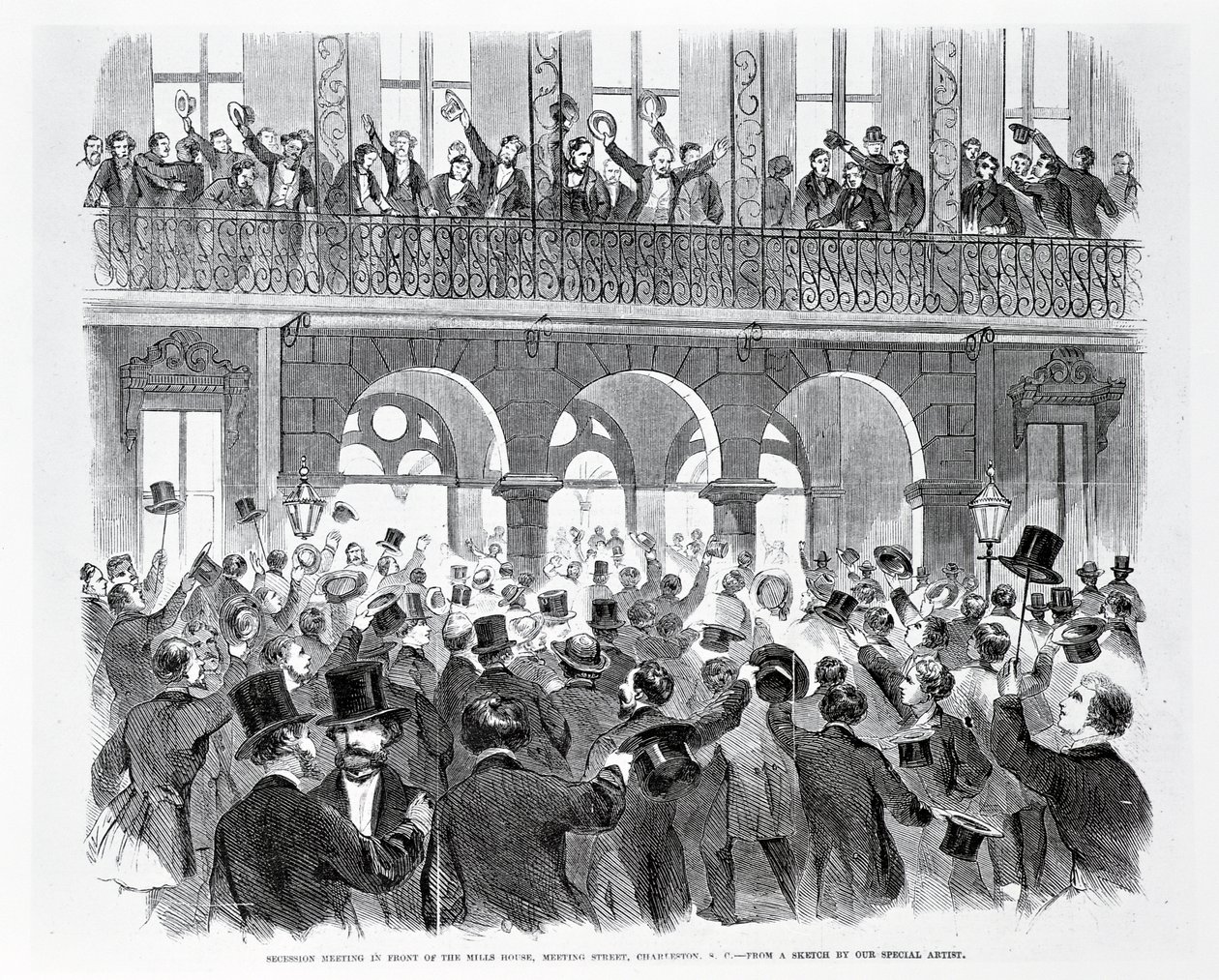 Secession Meeting in Front of the Mills House, Meeting Street, Charleston, South Carolina, n. 1860 (kaiverrus) (m/v kuva) tekijältä American School