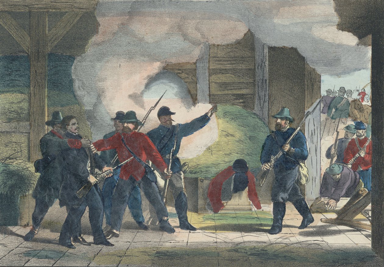 Murhaajan Wilkie Boothin takavarikointi ja kuolema, n. 1865 (väripainatus) tekijältä American School