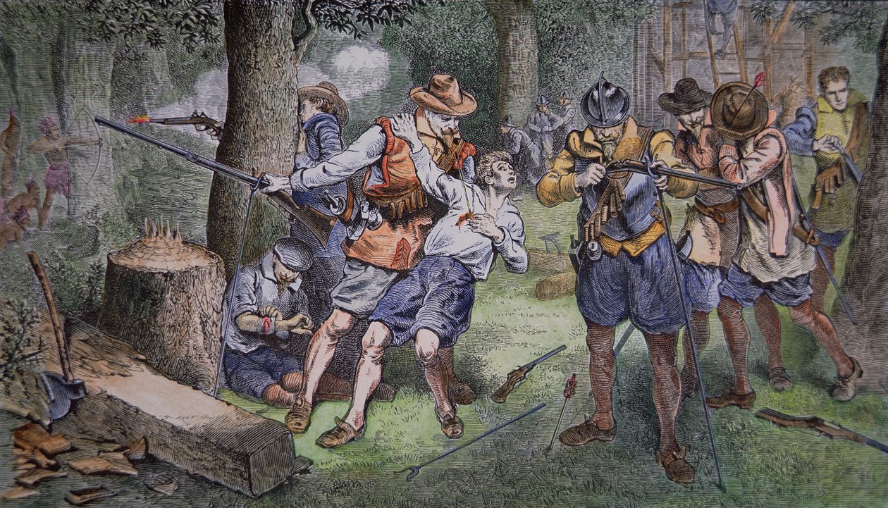 Jamestownin asutus Virginiassa vuonna 1607 (värillinen kaiverrus) tekijältä American School