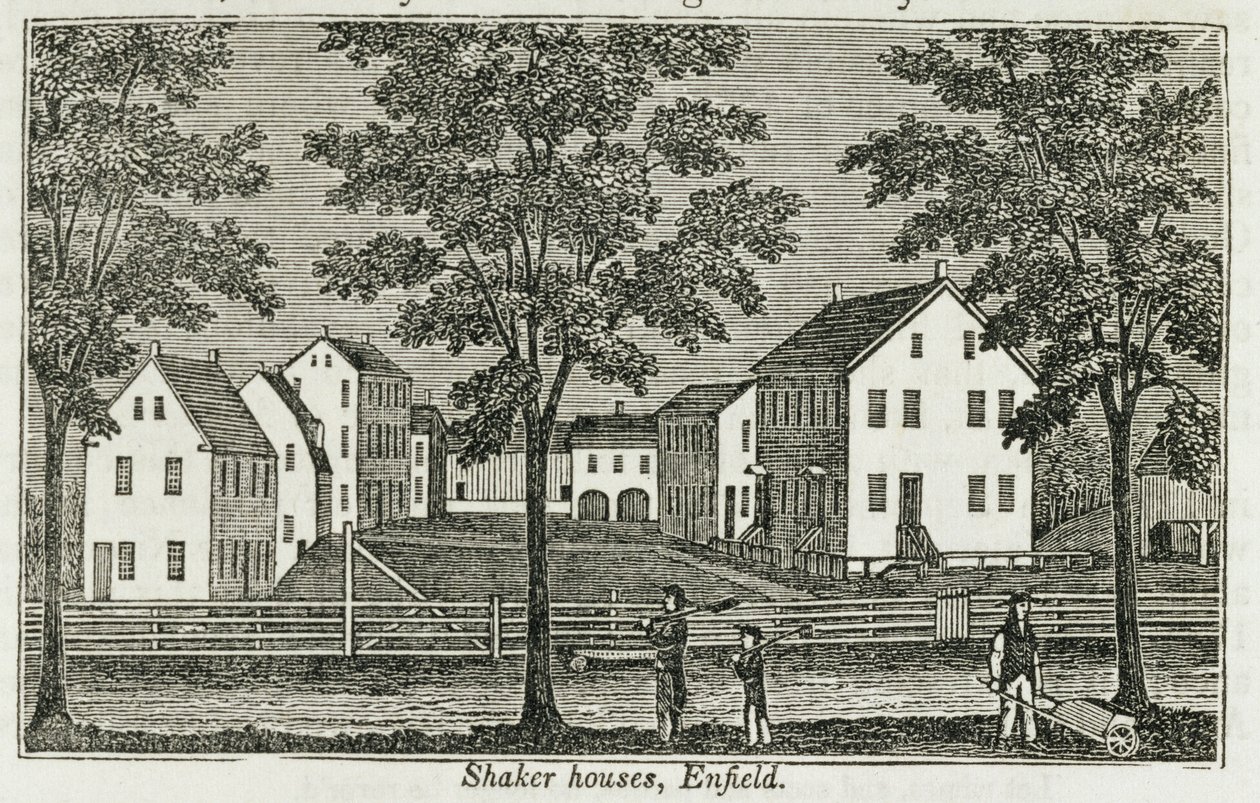 Shaker-talot Enfieldissä, "Connecticut Historical Collections", kirjoittanut John Warner Barber, 1856 tekijältä American School
