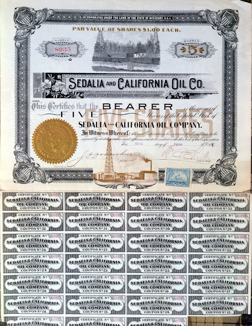Osaketodistus Sedalialle ja Californian Oil Companylle, U.S.A., 1901 tekijältä American School