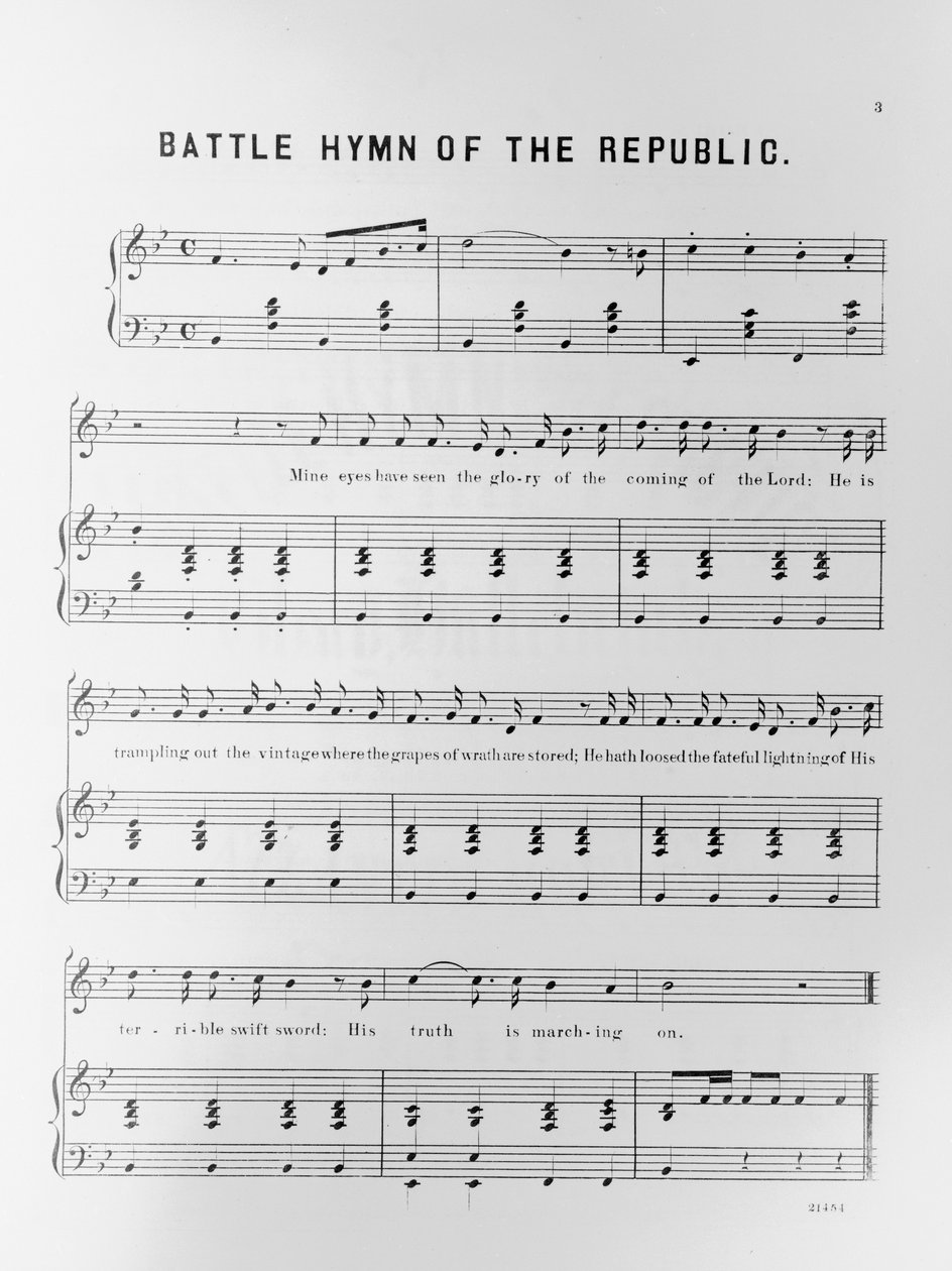 Nuotit tasavallan taisteluhymnille, kirjoittanut Julia Ward Howe (1819-1910) 1862 tekijältä American School