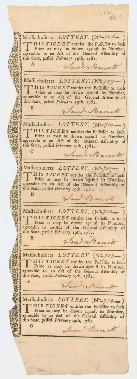 Arpajaiset, Massachusetts Lottery, 1781 tekijältä American School