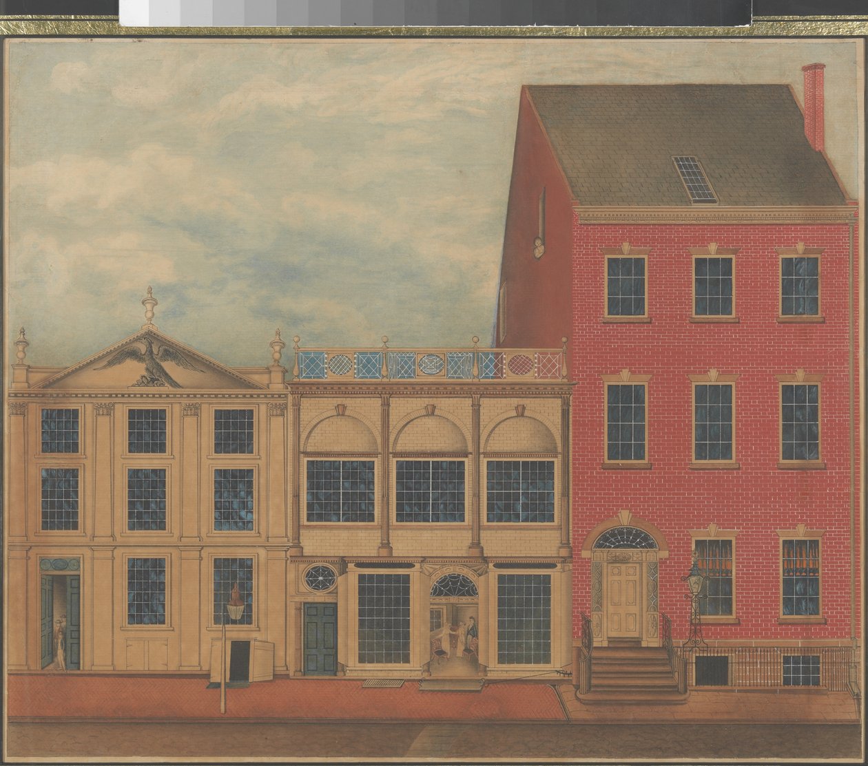 Duncan Phyfen kauppa ja varasto Fulton Streetillä New Yorkissa, n. 1817-1820 (akvarelli, tussi ja guassi valkoiselle paperille) tekijältä American School