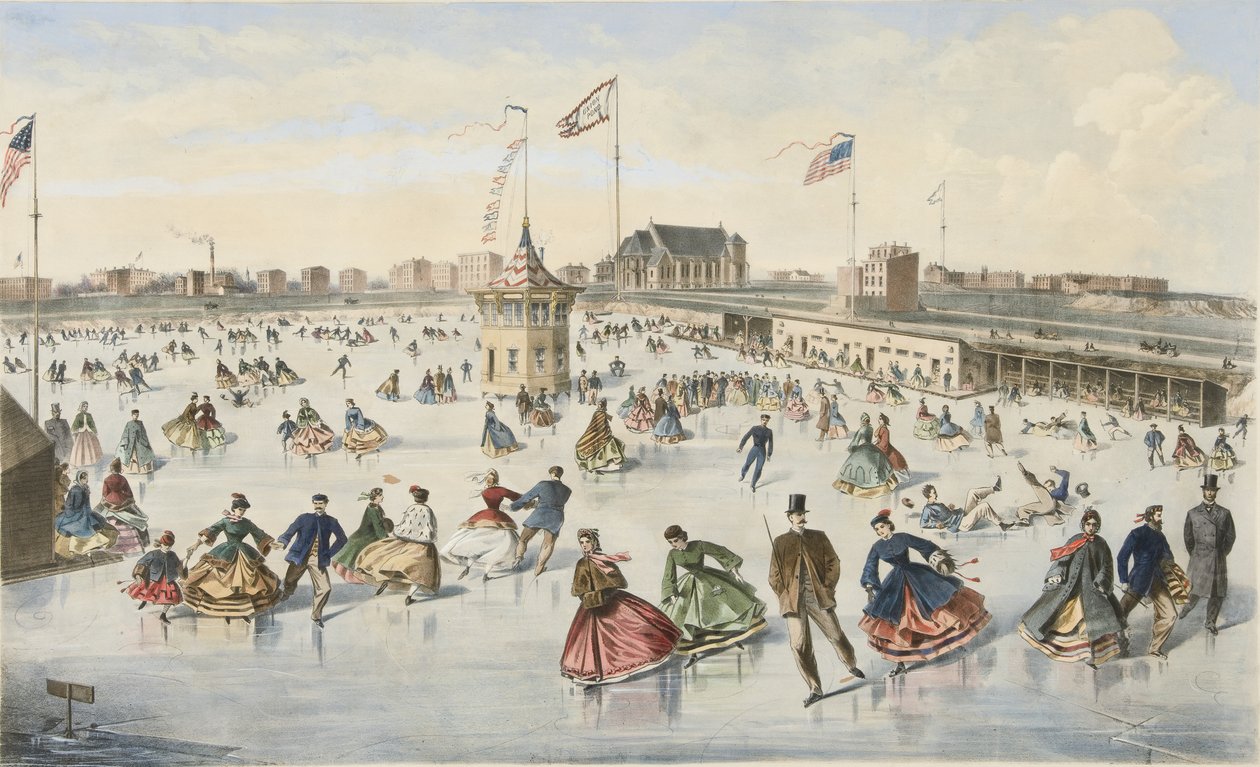 Luistelu Union Pondilla, pub. 1863 (väri litho) tekijältä American School