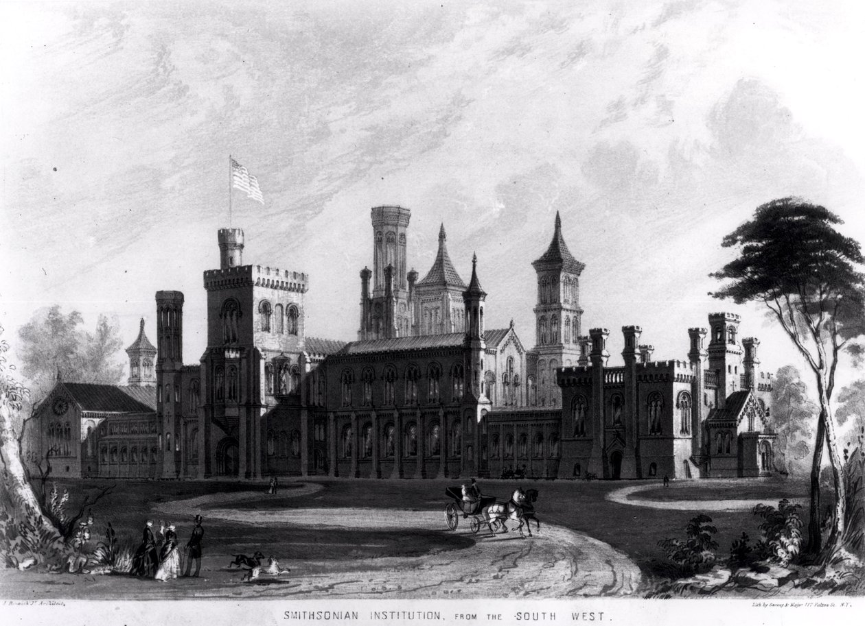 Smithsonian Institution lounaisosasta, Robert D. Owenin teoksesta "Hints on Public Architecture", kaiverrus Sarony und Major, 1849 tekijältä American School