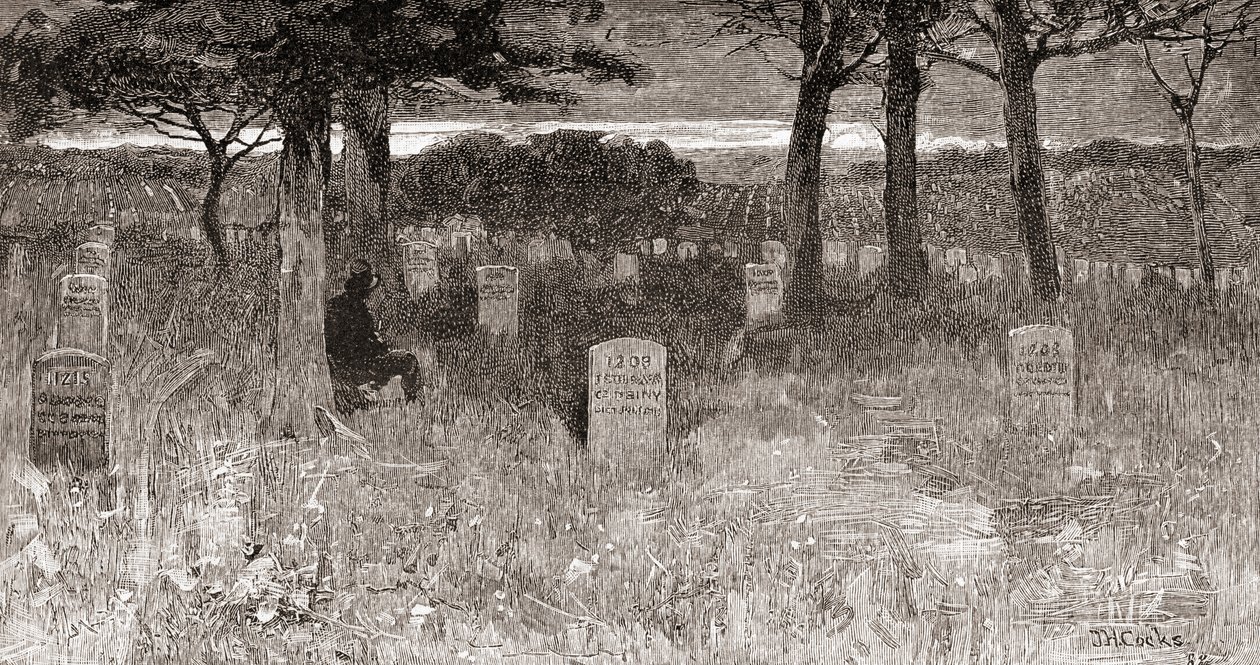 Sotilaiden hautoja Arlingtonin kansallisella hautausmaalla, Arlingtonin piirikunnassa, Virginiassa, 1800-luvulla, vuodelta 1884, The Century Illustrated Monthly Magazine (kaiverrus). tekijältä American School