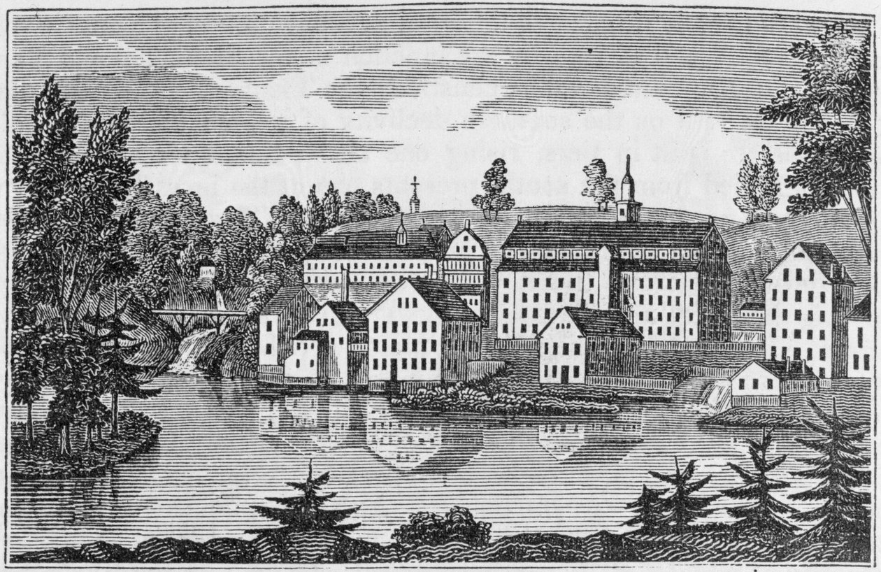 Kaakkoisnäkymä Yantic Fallsin tehtaista, Norwich, "Connecticut Historical Collections" -kokoelmasta, John Warner Barber, 1856 tekijältä American School