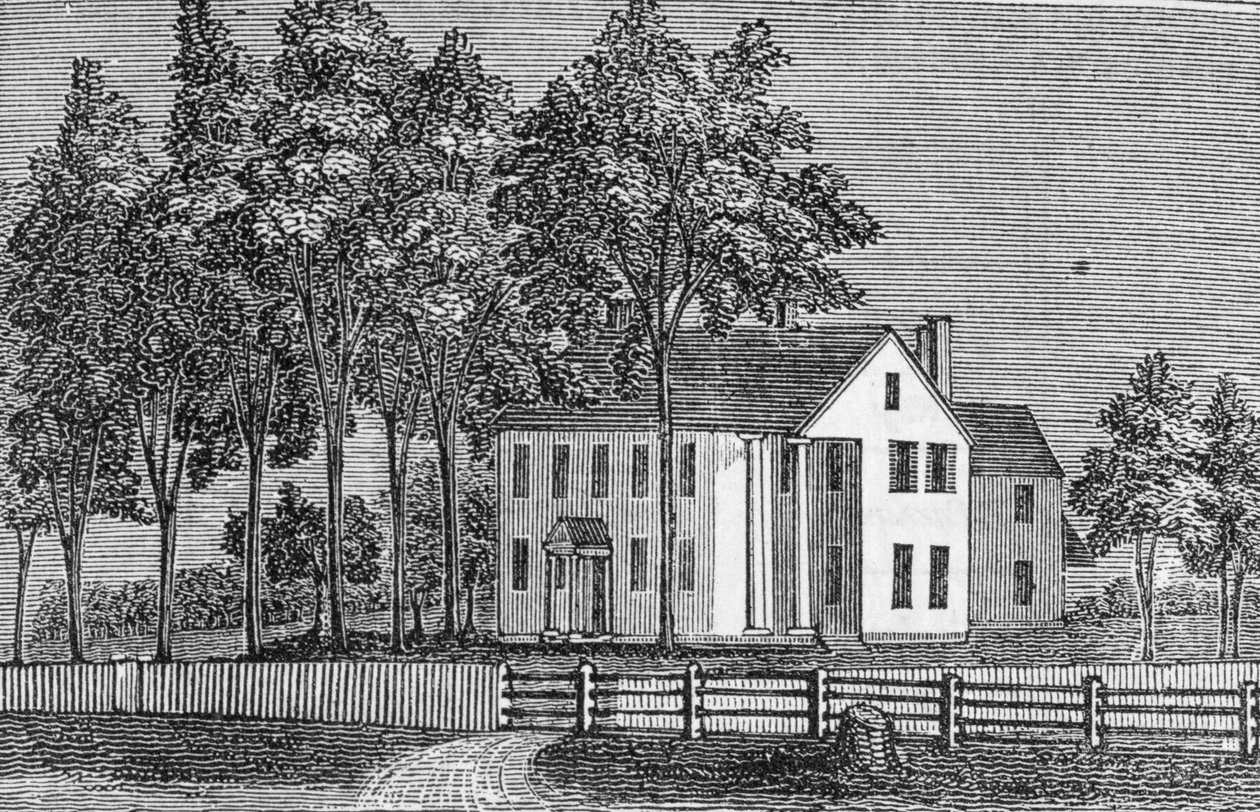 Lounaisnäkymä Judge Ellsworthin talosta, "Connecticut Historical Collections" -kokoelmasta, John Warner Barber, 1856 (kaiverrus) tekijältä American School
