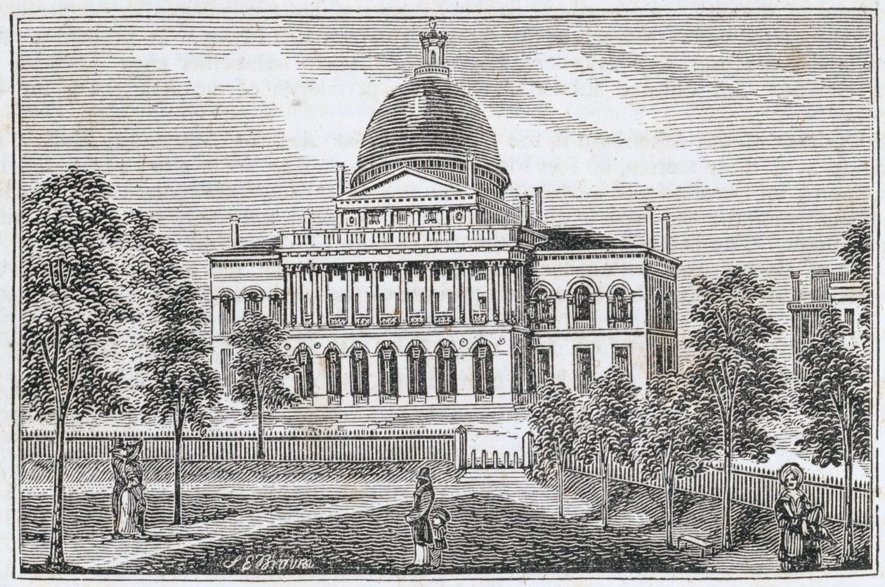 Eteläinen näkymä Bostonin osavaltion talosta Beacon Streetillä, "Massachusettsin historialliset kokoelmat", John Warner Barber, kaiverrus S. E. Brown, 1839 tekijältä American School