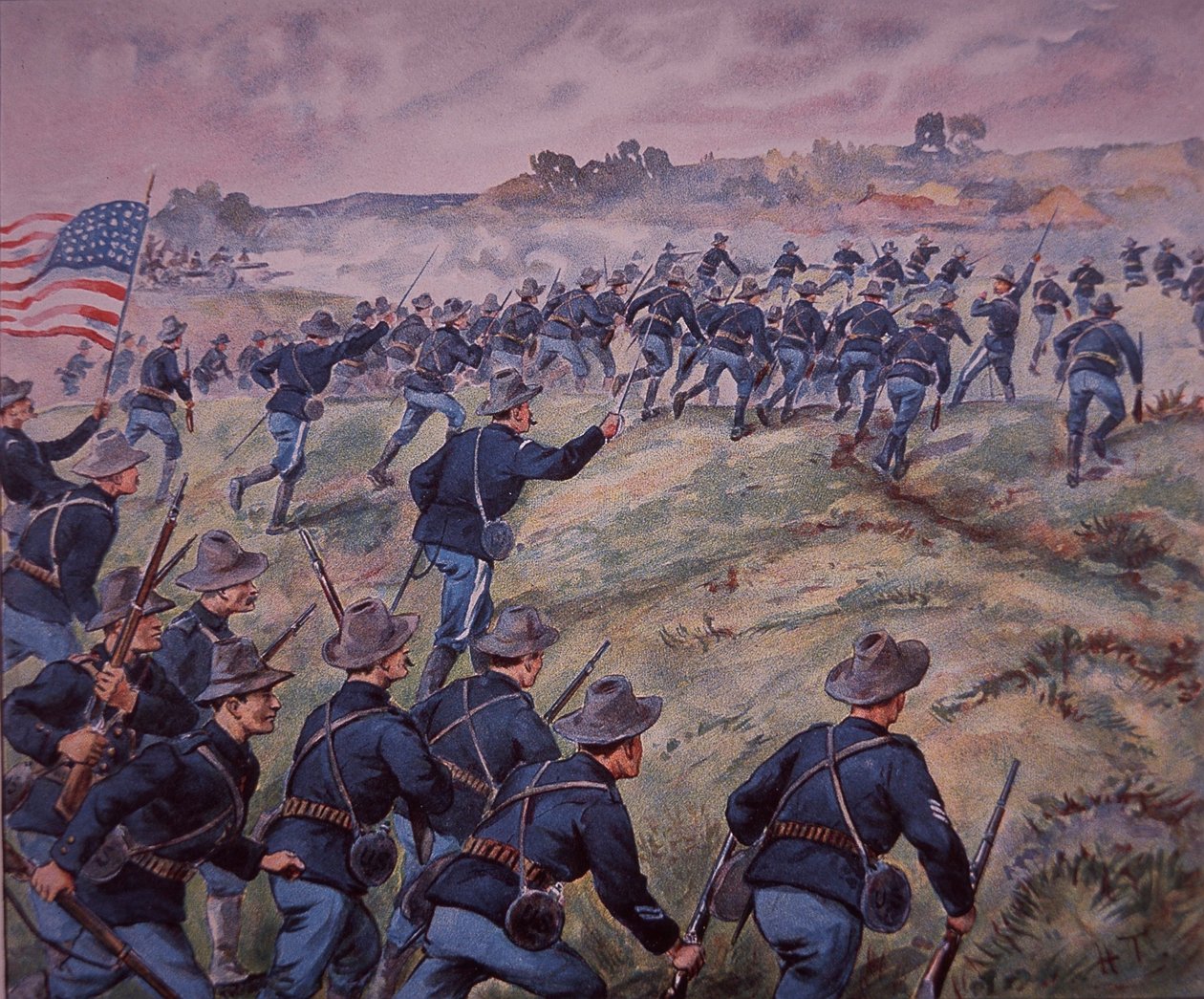 Espanjan ja Amerikan sota 1898, Yhdysvaltain joukot ryntäsivät San Juan Heightsiin Kuubassa (värilitho) tekijältä American School