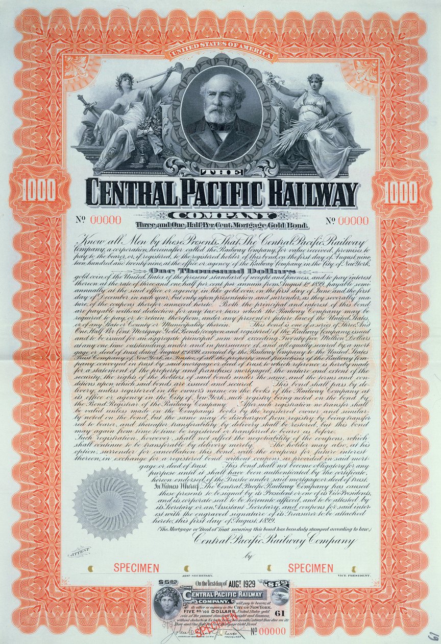 1000 dollarin joukkovelkakirjatodistuksen näyte Central Pacific Railway Company Companylle, 1899 tekijältä American School