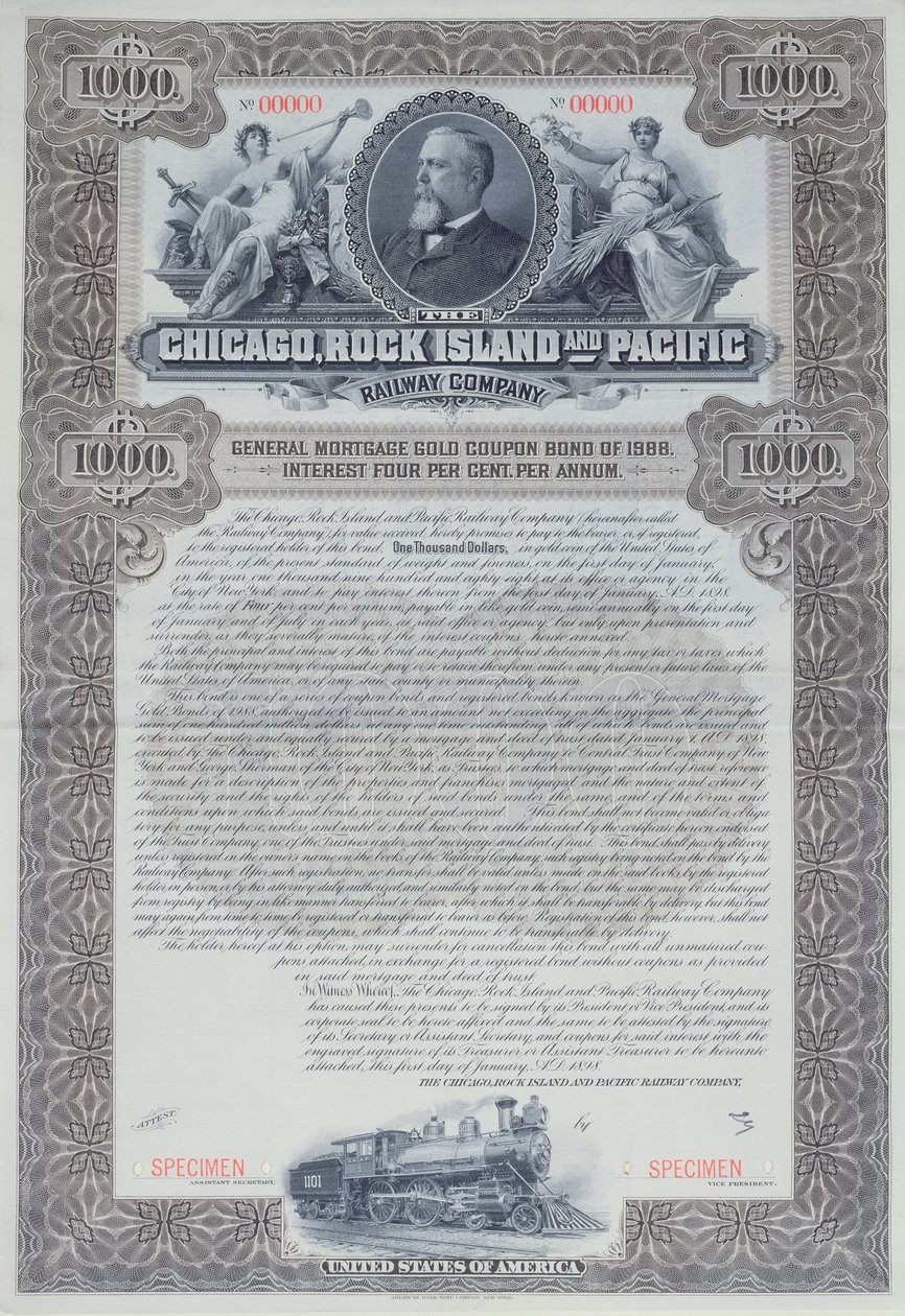 1000 dollarin joukkovelkakirjatodistuksen näyte Chicagon, Rock Islandin ja Pacific Railway Companylle, 1898 tekijältä American School