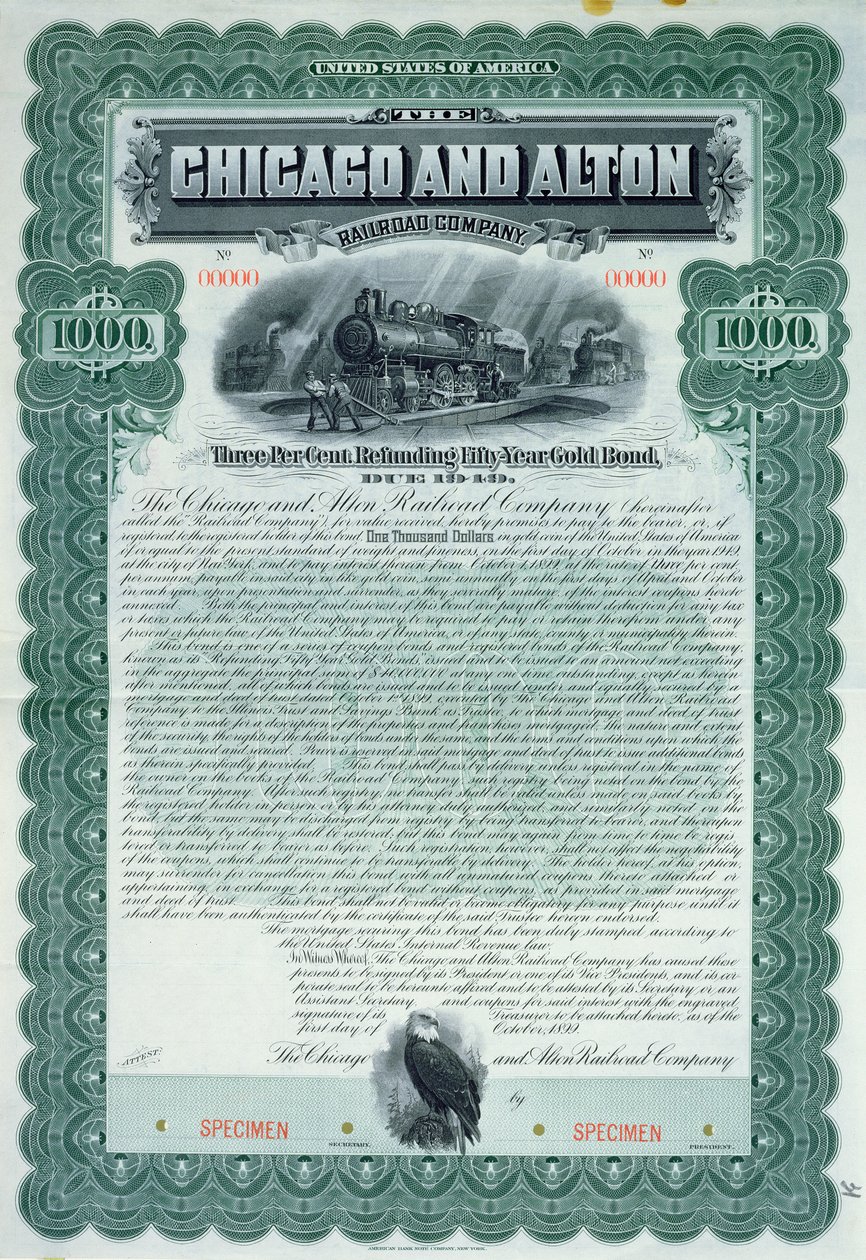 1000 dollarin joukkovelkakirjatodistuksen näyte Chicago and Alton Railroad Companylle, 1899 tekijältä American School