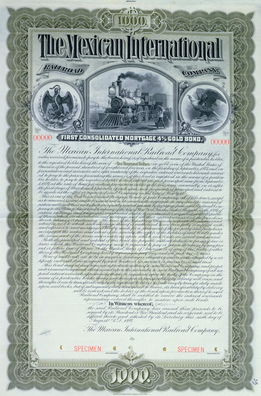 Mexican International Railroad Companyn 1000 dollarin joukkovelkakirjatodistuksen näyte, 1897 tekijältä American School
