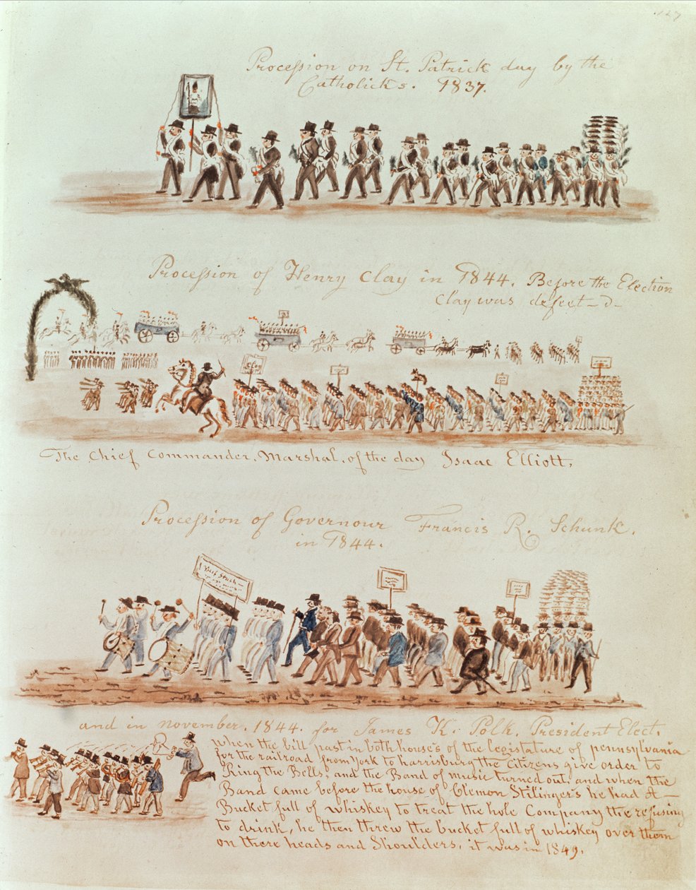 Pyhän Patrickin päivän kulkue vuonna 1837 ja kulkueet Henry Claylle, kuvernööri Francis Schunkille ja James Polkille vuonna 1844 (muste ja wc paperilla) tekijältä American School