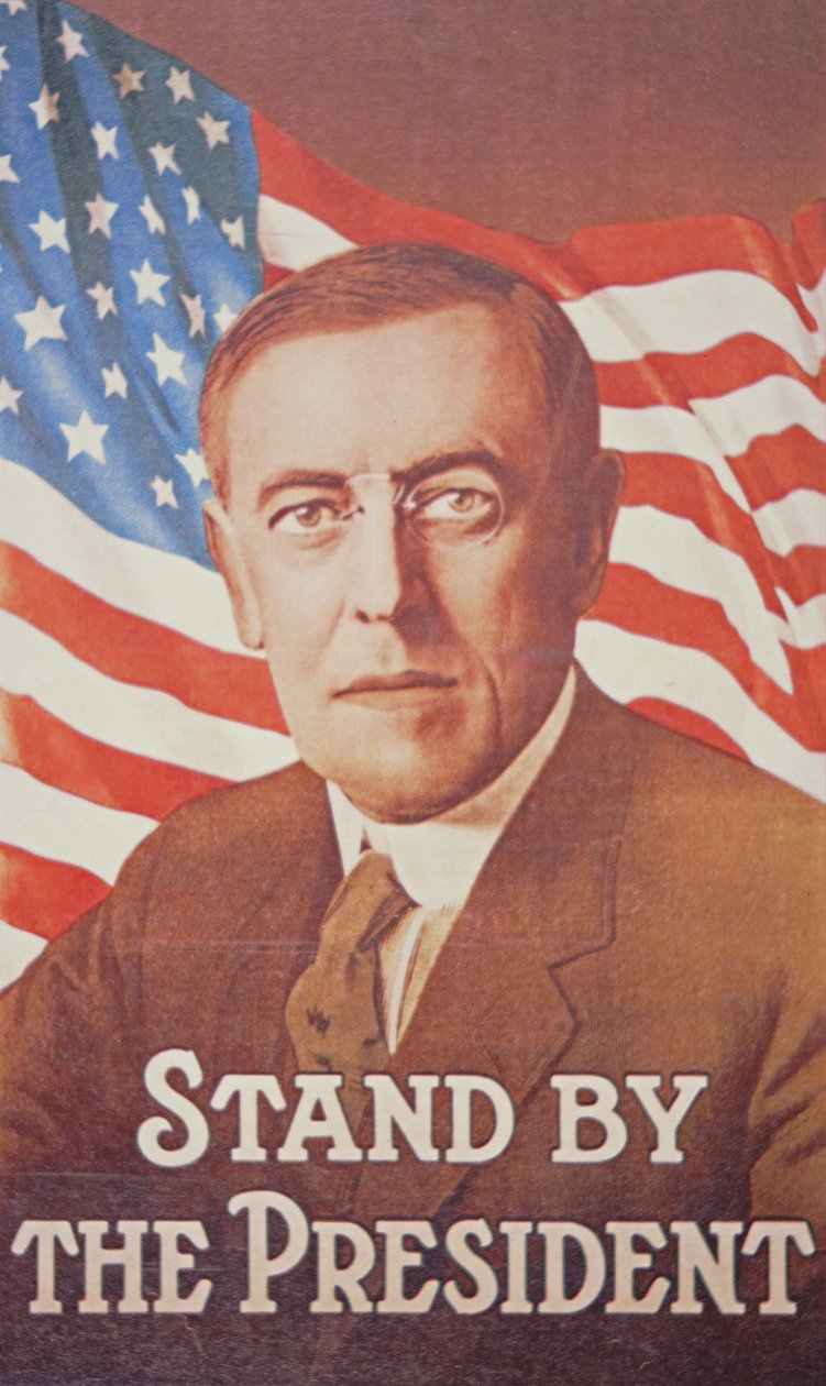 "Seiso presidentin luona", juliste Woodrow Wilsonista (1856-1924) 1917 (värilitho) tekijältä American School