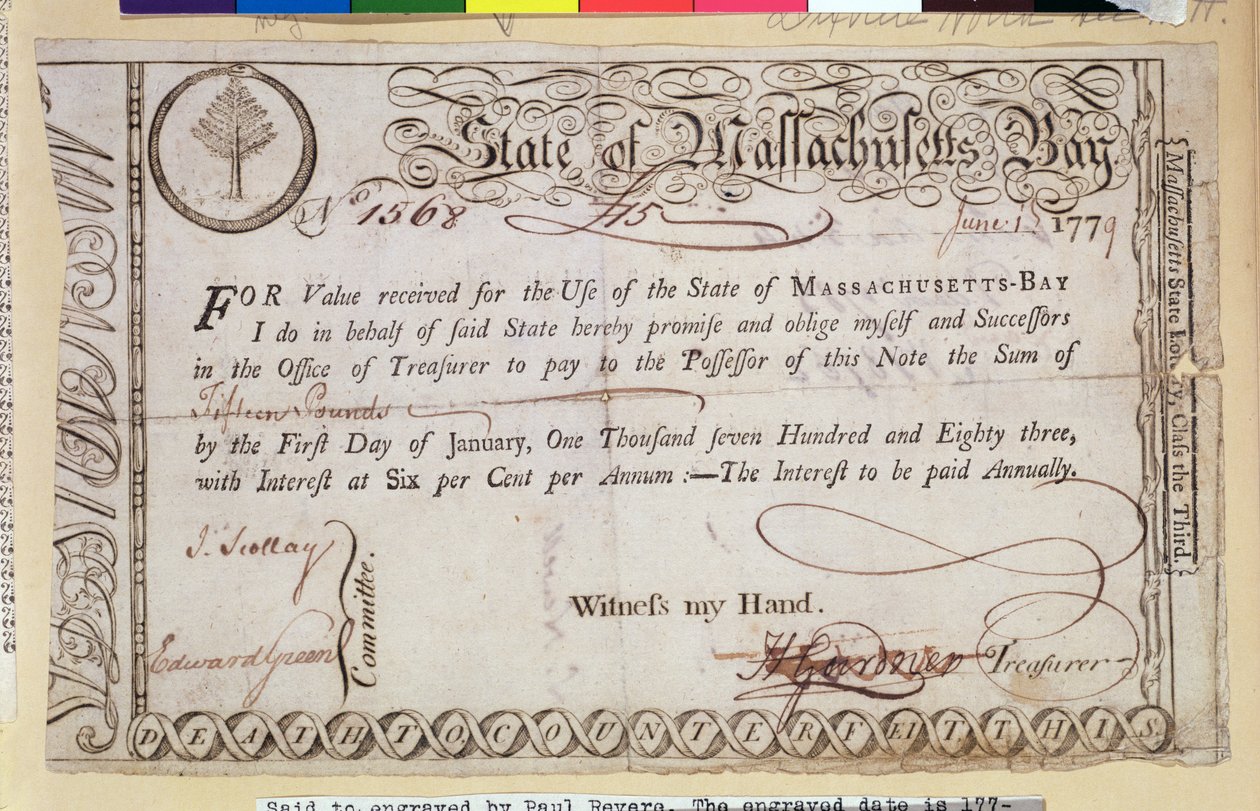 Massachusetts Bayn osavaltion velkakirja, jonka on kaivertanut Paul Revere (1735-1818) 1779 tekijältä American School
