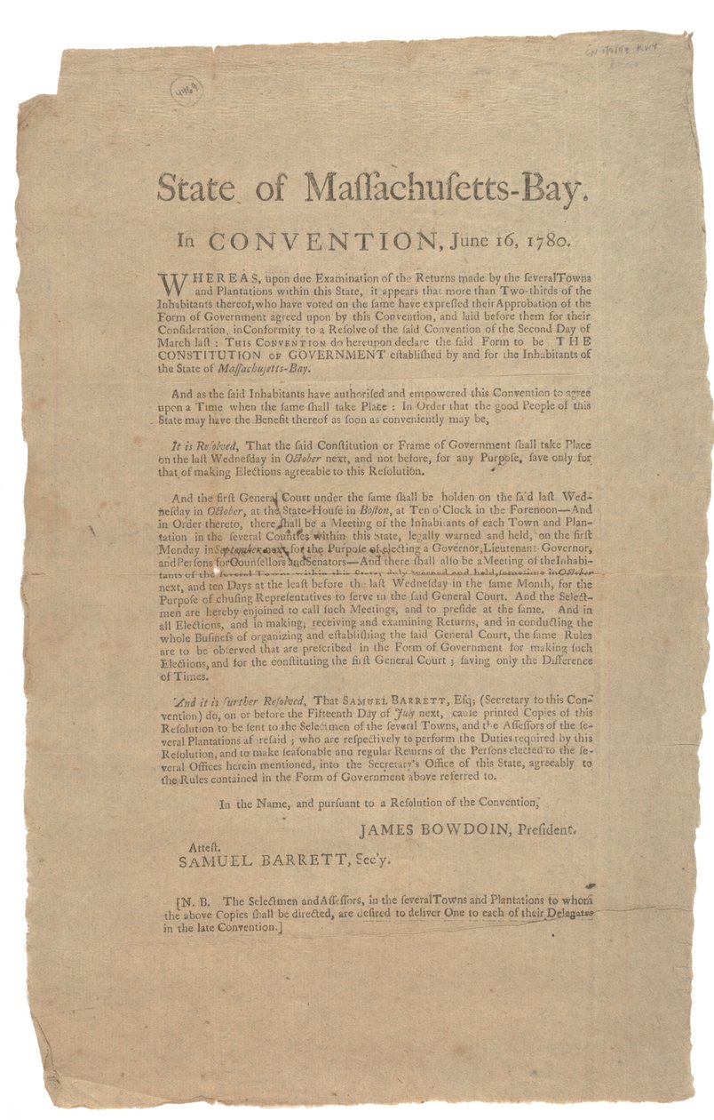 Massachusettsin osavaltio konventissa, osavaltion perustuslaki, 16. kesäkuuta 1780 tekijältä American School