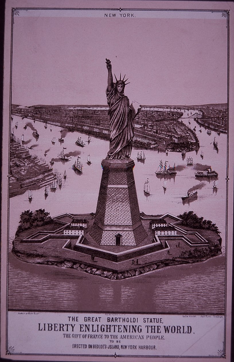 Vapaudenpatsas "pystytetään Bedloen saarelle", printti vuodelta 1885 (kaiverrus) tekijältä American School