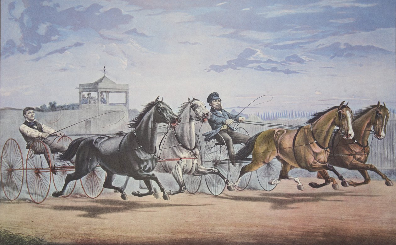 Stella ja Alice Gray - Lantern ja Whalebone, Passing the Stand (heidän mahtavassa ottelussaan in Double Harness over the Union Course L.I. 5. kesäkuuta 1855), pub. 1855, Currier & Ives tekijältä American School