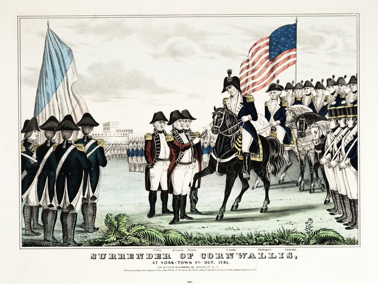 Cornwallisin antautuminen York Townissa, VA:ssa, lokakuussa 1781, pub. Currier  Ives tekijältä American School