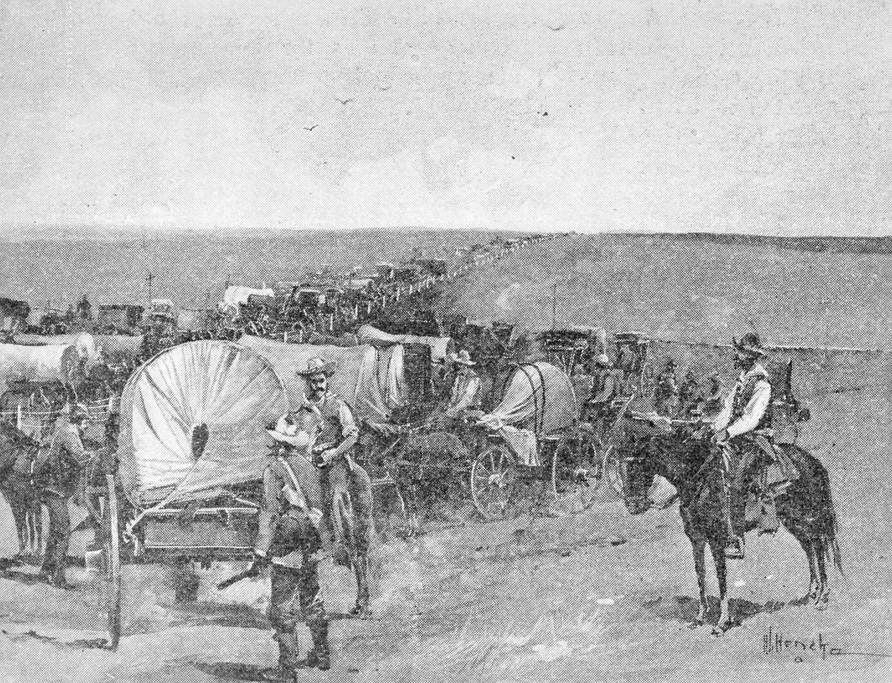 Kymmenen minuuttia ennen suurta kiirettä, Indian School Reserven eteläisellä linjalla, lähellä Arkansas Cityä, 16. syyskuuta 1893 (kaiverrus) (bw-kuva) tekijältä American School