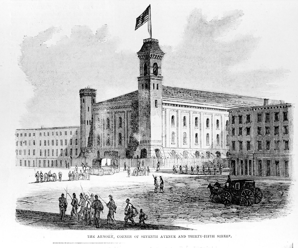 Armory, Seventh Avenuen ja Thirty-Fifth Streetin kulma, kohtaus Draft Riotsista New Yorkissa, 1863 tekijältä American School