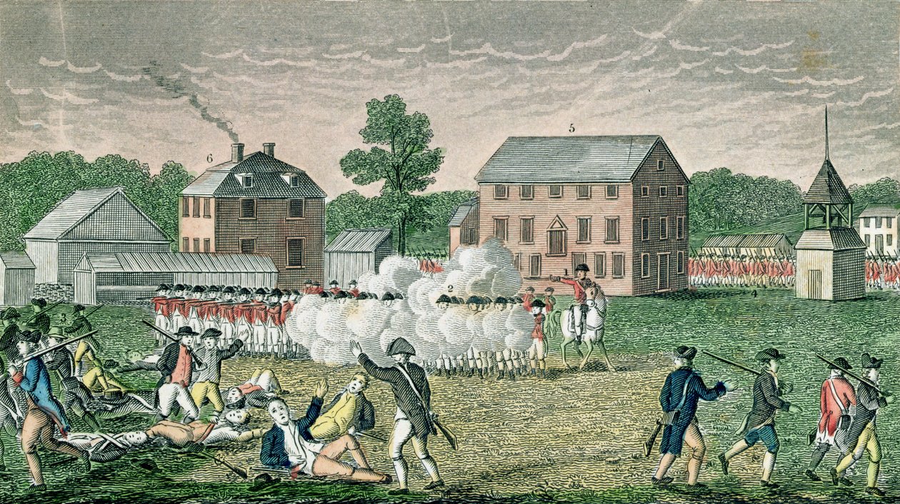 Lexingtonin taistelu, 19. huhtikuuta 1775, "Connecticut Historical Collections", John Warner Barber, kaiverrus A. Doolittle, 1832 tekijältä American School