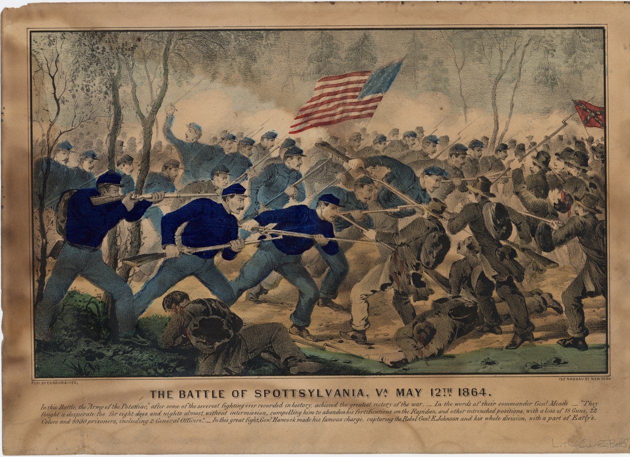 The Battle of Spotsylvania, Va. 12. toukokuuta 1864, pub. kirjoittanut Currier & Ives, n. 1864 tekijältä American School