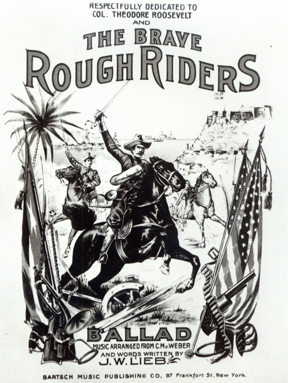 "The Brave Rough Riders", laululevyn kansi, paina Bartsch Music Publishing Co, New York tekijältä American School