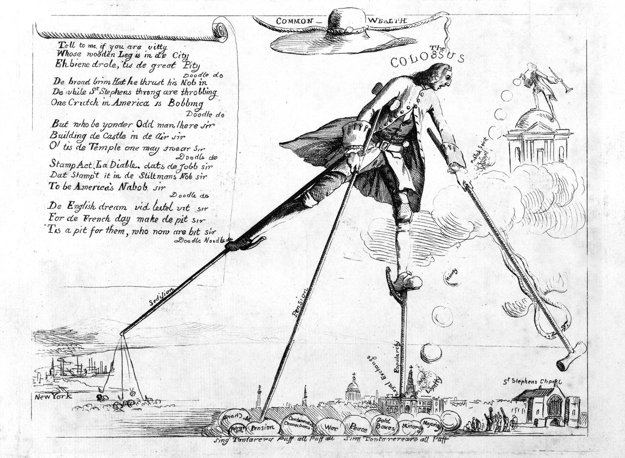 Colossus, karikatyyri leimalain kumoamisesta, n. 1765 tekijältä American School